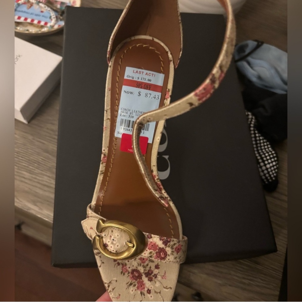 Coach Floral Beige Block Heels with Gold Accent - Picture 3 of 3